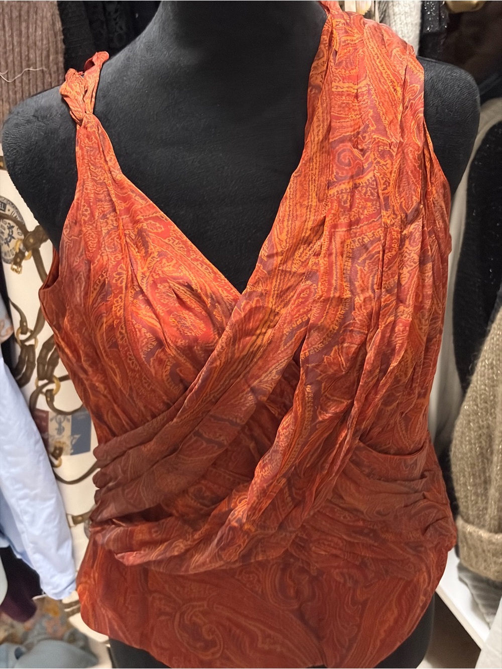 VINTAGE ✨Carmen Marc Valvo Signature Red-Orange Strapless Draped V-Neck Shirt - Picture 4 of 8